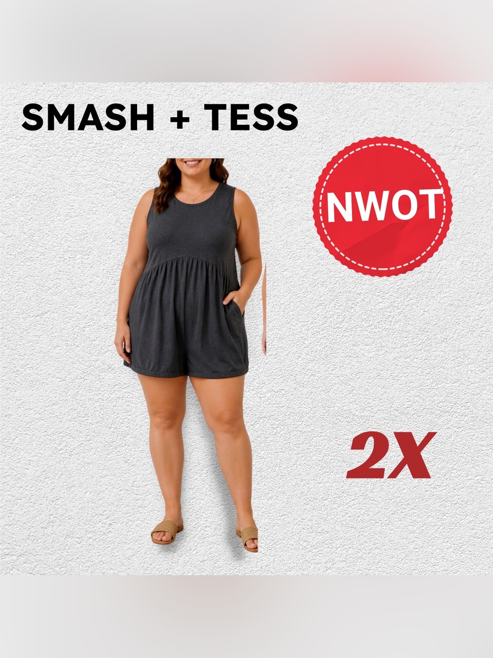 🇨🇦🆕NWOT SMASH + TESS | 2X | Charcoal keyhole back gathered waist shorty romper